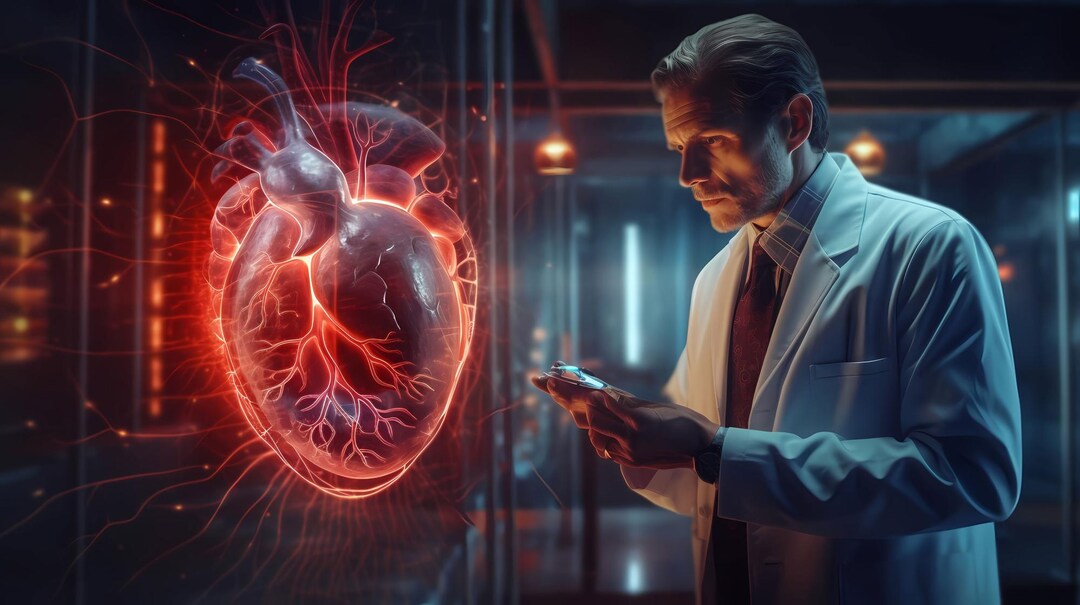 Médico mirando el holograma de un corazón